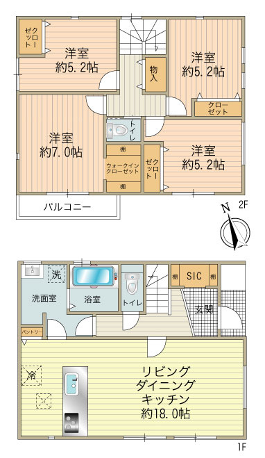 No.3区画（4690万円、土地面積：138.25㎡、建物面積：1階49.68㎡、2階：52.44㎡/合計102.12㎡、4LDK）