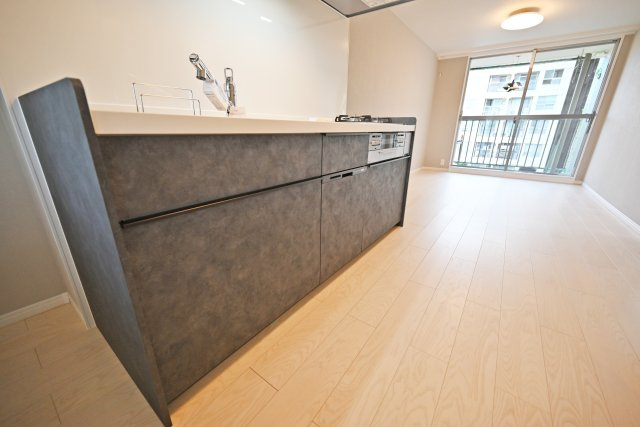 南千里第2コーポラスA棟のキッチン|新調済みのシステムキッチンで、毎日の料理を快適に楽しめます。清潔感のある使いやすいキッチンは、家族の食事づくりをしっかりサポートしてくれる嬉しい設備です。