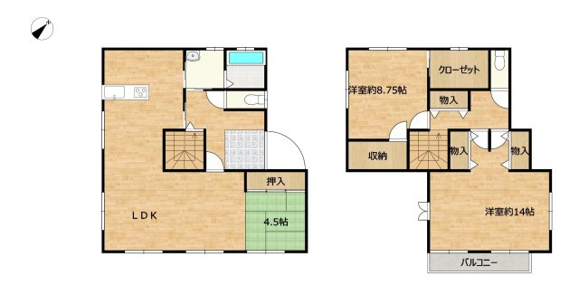 防府市高倉一丁目　戸建ての間取り|広々とした14帖の主寝室や約8.75帖の洋室に加え、1階にはくつろげる4.5帖の和室を完備！各部屋や廊下、クローゼットなど館内随所に豊富な収納スペースを備えた、ゆとりある住空間が魅力です。