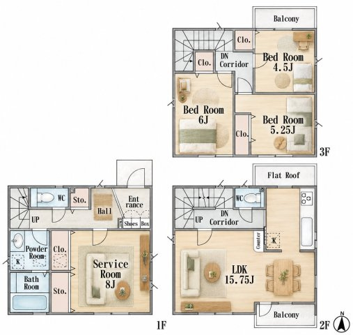 宮前区神木本町　中古戸建の間取り|3SLDK、価格3680万円、土地面積70.36m2　建物面積103.09m2、【LDK　15.7帖】 【洋室　6.0帖・5.2帖・4.5帖】   【サービスルーム　8.0帖】 