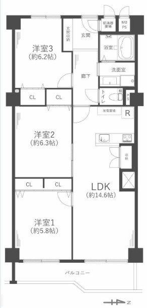 日商岩井芦屋翠ヶ丘マンションの間取り|2026年9月フルリフォーム済　専有面積約78.75㎡、バルコニー面積約8.74㎡