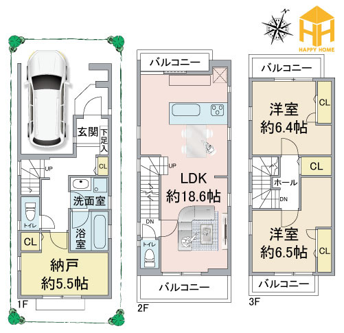 神戸市灘区国玉通1丁目新築一戸建て全3区画│2SLDK+駐車1台可の間取り|※現況と図面が異なる場合現況を優先いたします。