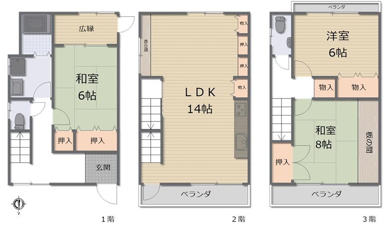 荒川2丁目中古戸建の間取り|全居室6帖以上のゆったりめ設計でファミリー様にオススメです♪