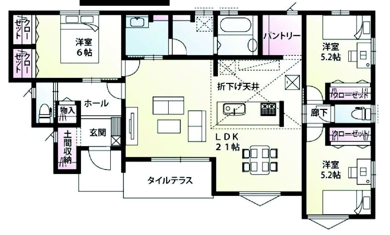 渋川市半田「全5区画」　5号棟　新築住宅（平屋）の間取り|収納充実♪南向きの3LDKで陽当たり良好な間取りです！
土地面積267.05㎡、建物面積92.74㎡で十分な広さです！