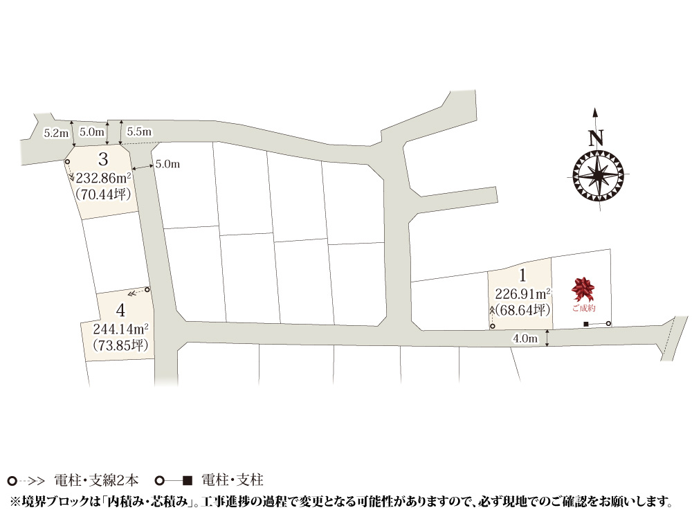 ワイウッドコート富岡市高瀬第1期の区画図|67坪以上の敷地なので、お庭スペースも取れる広さです。周辺も分譲地となっており、ご近所づきあいも安心