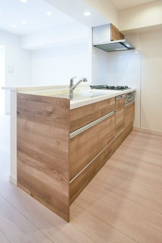 千駄木リリエンハイムのキッチン|千駄木リリエンハイム：あると便利な食器洗浄機付きの対面式システムキッチンは収納力もありキッチン用品もスッキリ収納可能です！