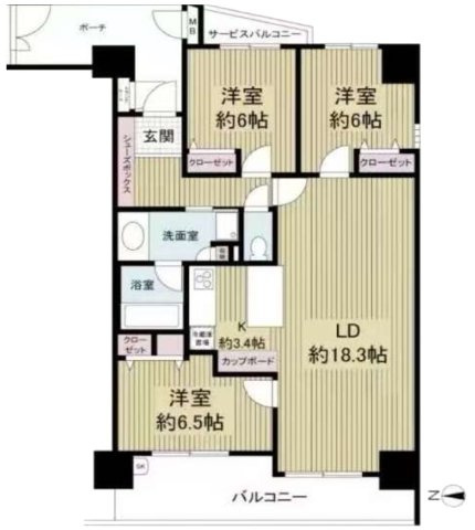 メロディーハイム鶴見パークオアシスの間取り|中古マンション　3LDK　専有面積：86.75平米　バルコニー面積：12.78平米　西向き