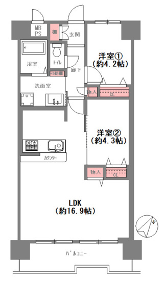 【間取り】 | 朝日プラザ天王寺2 | 【室内全面リフォーム済み☆エアコン2台付き☆（洋室1・洋室2）食洗機・浴室乾燥機完備☆レースカーテン付き☆安心の新調設備保証付き☆南東向きのバルコニーです☆】