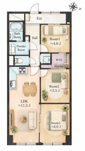 シャンボール第２妙蓮寺の間取り|3LDK、価格4299万円、専有面積65.04m2、バルコニー面積5.60m2 【LDK　11.5帖】 【洋室　6.0帖・5.5帖・4.0帖】   