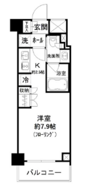 パークリュクス蒲田1丁目の間取り|南向きバルコニーの1K洋室7.9帖バストイレ別独立洗面台！