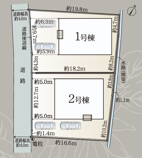 クレイドルガーデン丸亀市垂水町第１◇光熱費の負担の軽減が可能なオール電化住宅ですの区画図|全体区画図
各棟、車中心生活を支える駐車場スペースは３台以上で、家族それぞれの行動範囲がグッと広がります。