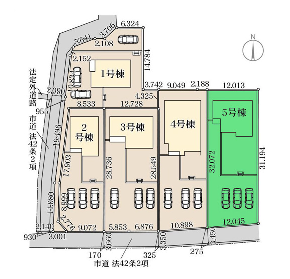 【区画図】 | リーブルガーデン.S渋川市第17金井ー⑤ | 渋川北小学校まで徒歩5分！渋川北中学校まで徒歩2分！
カースペースは並列3台駐車可能！