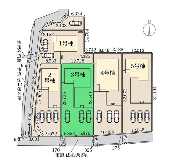 【区画図】 | リーブルガーデン.S渋川市第17金井ー③ | 渋川北小学校まで徒歩5分！渋川北中学校まで徒歩2分！
カースペースは並列3台駐車可能！