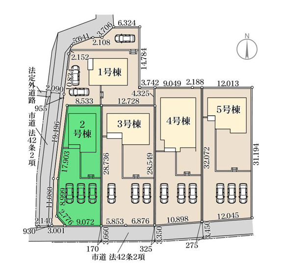 【区画図】 | リーブルガーデン.S渋川市第17金井ー② | 渋川北小学校まで徒歩5分！渋川北中学校まで徒歩2分！
カースペースは並列3台駐車可能！