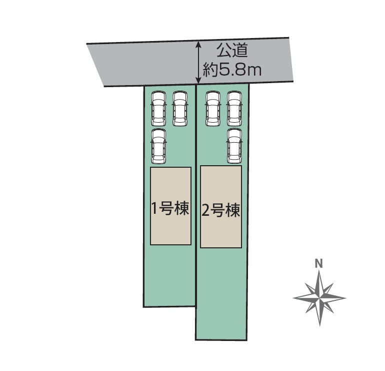 新築　太田市尾島町　1号棟　Blooming Gardenの区画図|全2区画の1号棟です。土地約64坪。