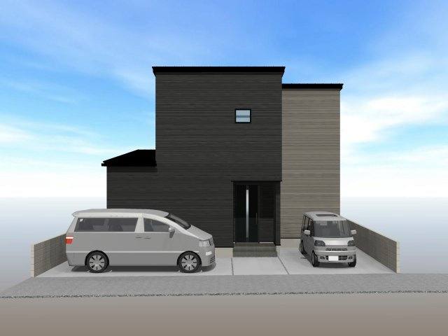桑原1丁目新築戸建の外観パース|落ち着いたダークトーンの外壁が目を引く、モダンでスタイリッシュなデザインの2階建て新築戸建てです。