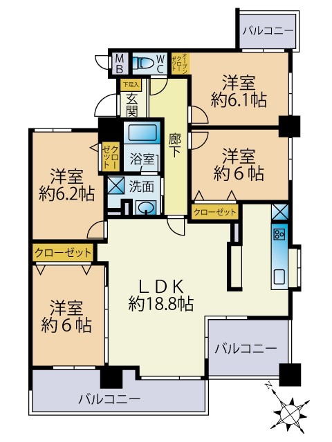 KBCマンションユーハイム福重の間取り|〇4LDK、価格3299万円、専有面積91.25㎡、バルコニー面積18.25㎡