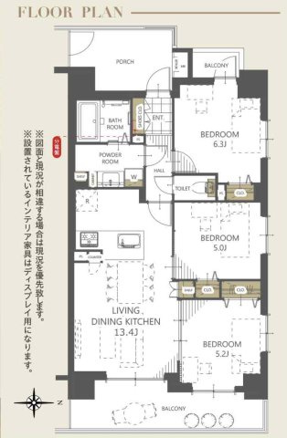 グーディッシュ竹の塚弐番館の間取り|3LDK 専有面積65.51m2 バルコニー面積12.31m2　ポーチ面積7.81m2
子育て世代のご家族にもぴったりの、使い勝手が良いゆとりある3LDKの間取りです。