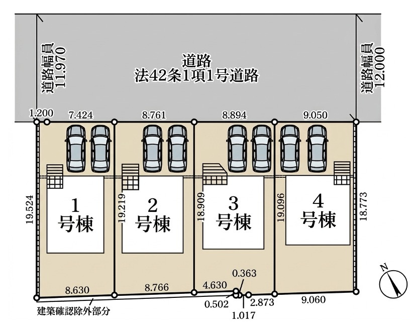 [新築住宅] 本庄市下野堂 第8 全4棟の区画図