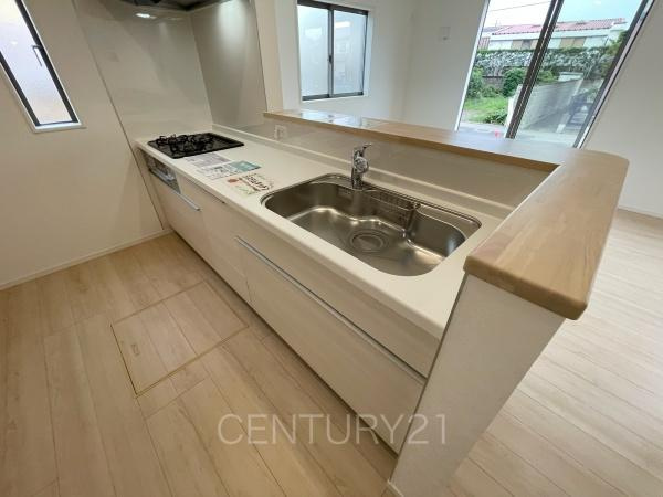 クレイドルガーデン前橋市青柳町第２８　４号棟のキッチン|シンクも大きく洗い物もしやすい浄水器付。シャワーヘッドは引き出し可能、シンクの隅々まで洗い流せます。