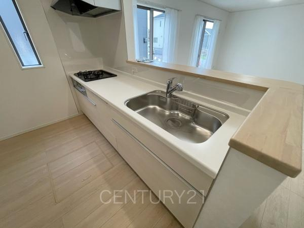 クレイドルガーデン前橋市青柳町第２８　８号棟のキッチン|シンクも大きく洗い物もしやすい浄水器付。シャワーヘッドは引き出し可能、シンクの隅々まで洗い流せます。