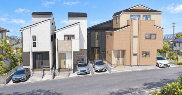 川崎市中原区井田３丁目の新築一戸建の完成予想図|外観のイメージパースです。
お洒落な外観で完成が楽しみです。
※背景はCGでのイメージになり、実際とは異なります。