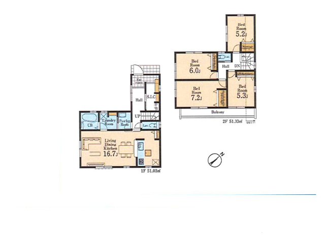 【間取り】 | 小宮町新築戸建 | 4つの居室とゆとりあるLDKを備えた4LDKの新築戸建。子育て世帯にうれしい、個室と団らんの場がそろう間取りです。明るく開放的なLDKは対面キッチン仕様で、家事をしながらお子様を見守れます。