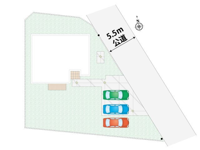 【3号棟：区画図・駐車場配置図】幅員5.5mのゆとりある公道に面した安心の敷地計画。敷地内に3台分のカースペースを無理なく確保しており、車の出し入れや来客時もスムーズで快適です。