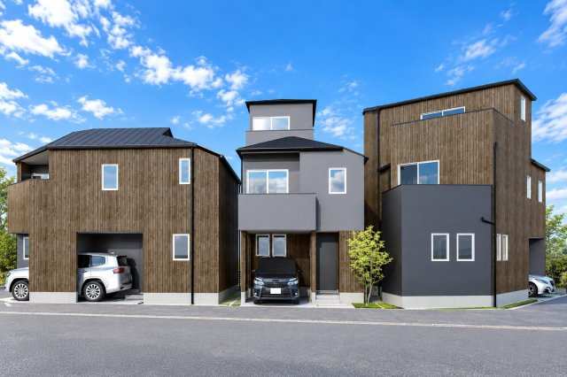 葛飾区西新小岩3丁目借地権付新築戸建て【全3棟】の外観パース|アトリエ建築家が一邸一邸を設計監修。木の質感と個性豊かなフォルムが美しく調和する、全3邸の街並み。