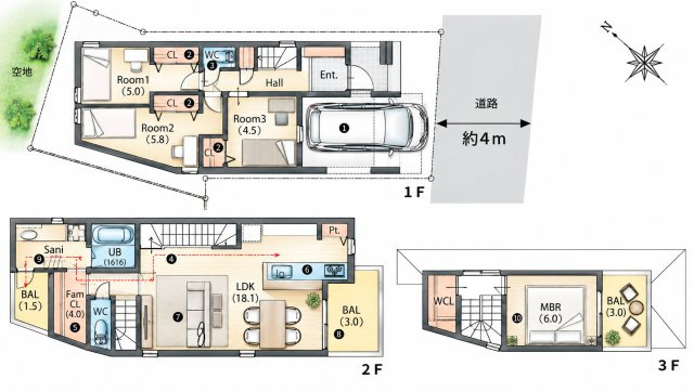 葛飾区西新小岩3丁目借地権付新築戸建て【全3棟】の間取り|家族が自然と集まる約18帖の広々LDK。