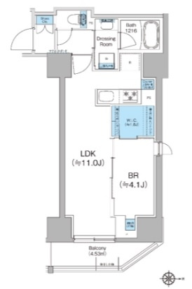 クレヴィアリグゼ蒲田西の間取り|東向きの角部屋1LDK