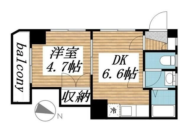 ソレイユハルミの間取り|南向きバルコニー南西角部屋の1DKバストイレ別！