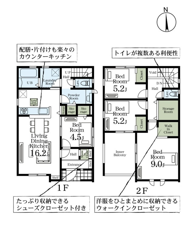 【Livele Garden】　古河市東本町　全2邸の間取り|〇4LDK+S〇
広々主寝室9帖！
家事の負担を減らす『水廻り集中設計』♪
※+Sとは、ストレージルームのことです