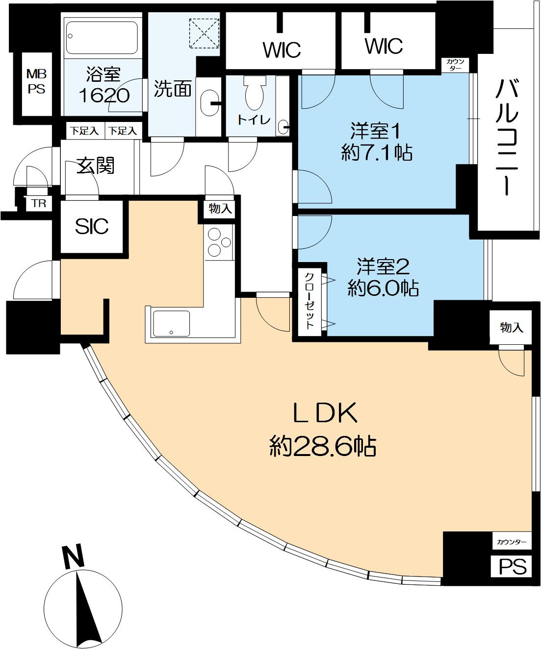 シティタワー大阪の間取り|2LDK+2WIC・SIC、99㎡超、約28.6帖LDK、南西角住戸です。