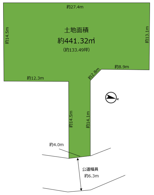 美作町　売土地の土地図|土地面積約441.32㎡（約133.49坪）11,800万円　分割も可能です