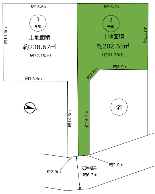 美作町　売土地の土地図|2号地　土地面積約202.65㎡（約61.30坪）5,680万円