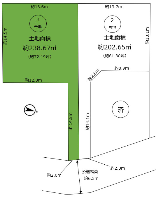 美作町　売土地の土地図|3号地　土地面積約238.67㎡（約72.19坪）6,280万円