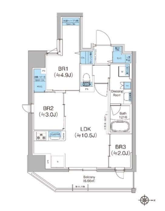 クレヴィアリグゼ蒲田西の間取り|東向きバルコニー南東角部屋の3LDK
