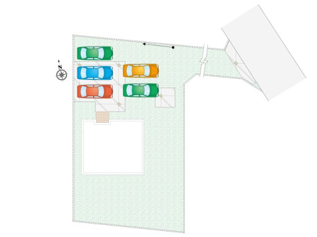 【2号棟：区画図・駐車場配置図】建物の周りにしっかりとスペースを残した開放感あふれる敷地配置。陽当たりや風通しも良好で、趣味やガーデニングも自由に楽しめる魅力的な住環境を叶えます。