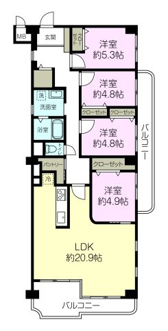 マンハイム芦屋の間取り|専有面積約104.25㎡　4LDK　バルコニー面積約15.4㎡