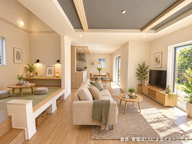 御殿場市川島田の新築一戸建の居間・リビング|開放感のあるＬＤＫ。北欧風やモダンなど好みの家具を合わせて楽しめます。※家具家電はイメージです