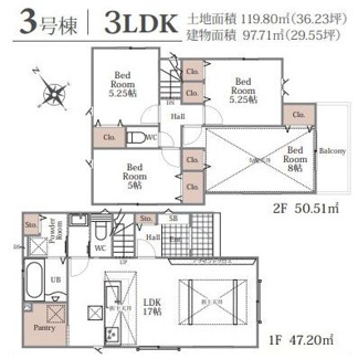 【間取り】 | 秦野市戸川 3号棟 2期 | 南東向き　２階建て　4LDK　全居室２面採光　全居室収納付き　パントリー　リビング階段