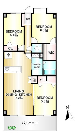 セレナ大和高田の間取り|専有面積：3ＬＤＫ+ＷＩＣ　69.00ｍ2