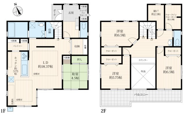 【間取り】 | つくば市学園南3丁目　中古戸建 | 床暖房、吹抜けのある4SLDK+WIC。北側道路ながら南側の地形を活かした、明るい住まい。　ゆったり1.5坪サイズのバスルームで、快適なバスタイム