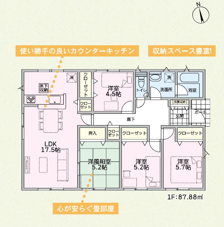 新築　太田市新田上江田町第2　2号棟　Cradle Gardenの間取り|4LDK　建物約26坪　部屋数豊富な4LDKの平屋住宅！収納も豊富です！