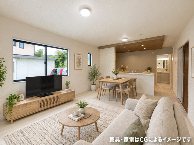 駿東郡小山町菅沼の新築一戸建の居間・リビング|明るく清潔感のあるＬＤＫ。北欧風やモダンなど好みの家具を合わせて楽しめます。※家具家電等はイメージ