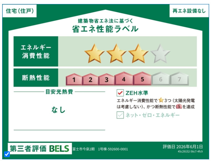 新築戸建 平屋 富士市今泉2期 全2棟 2号棟の省エネ性能ラベル