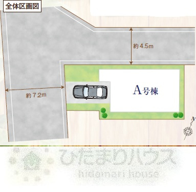 野田市美原4丁目1203番　新築戸建　1号棟の区画図|接道：南西側約7.2ｍ公道・北西側約4.5ｍ私道
