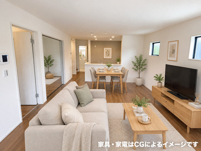 駿東郡小山町菅沼の新築一戸建の居間・リビング|明るく清潔感のあるＬＤＫ。北欧風やモダンなど好みの家具を合わせて楽しめます。※家具家電等はCG