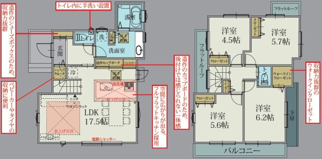 【間取り】 | 川越市砂新田　新築一戸建住宅　全1棟　（ふじみ野店） | トイレ内手洗い器、電動シャッター、ウォークインクローゼット、シューズインクロークなど便利な機能が沢山あります！